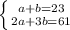 \left \{ {{a+b=23} \atop {2a+3b=61}} \right.