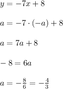 y=-7x+8\\\\a=-7\cdot (-a)+8\\\\a=7a+8\\\\-8=6a\\\\a=-\frac{8}{6}=-\frac{4}{3}