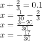 x + \frac{2}{3} = 0.1 \\ x = \frac{1}{10} - \frac{2}{3} \\ x = \frac{3 - 20}{30} \\ x = - \frac{17}{30}