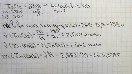Вычислить массу осадка, образовавшегося при слиянии 230 грамм 70%-раствора хлорида цинка с избытком
