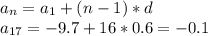 a_{n} = a_{1}+(n-1)*d \\ &#10;a_{17} = -9.7+16*0.6=-0.1 \\&#10; &#10;