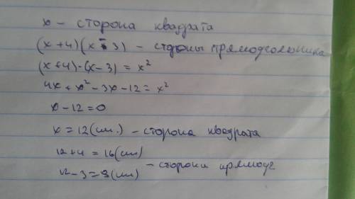 Имеются прямоугольник и квалрат. одна из сторон прямоугольника на 4см больше стороны квадрата , а др