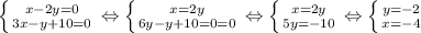 \left \{ {{x-2y=0} \atop {3x-y+10=0}} \right. \Leftrightarrow&#10; \left \{ {{x=2y} \atop {6y-y+10=0=0}} \right. \Leftrightarrow&#10; \left \{ {{x=2y} \atop {5y=-10}} \right. \Leftrightarrow&#10; \left \{ {{y=-2} \atop {x=-4}} \right.