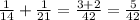 \frac{1}{14} + \frac{1}{21} = \frac{3+2}{42} = \frac{5}{42}