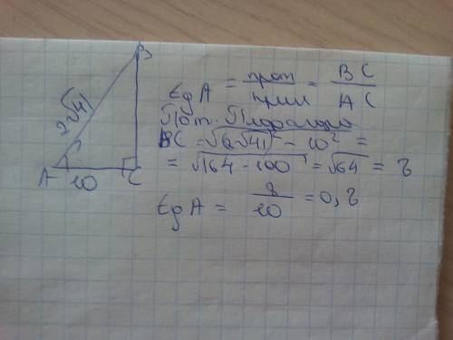 Bтреугольник abc угол c=90, ab=2√41 , ac=10 найдите tg угол а