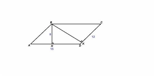 Стороны параллелограмма равны 12 см и 15 см. высота проведённая к большей стороне , равна 8 см. найд
