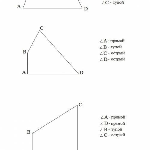 Начертить четырехугольник в котором 2 острых угла, один прямой и один тупой угол