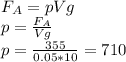 F_A = pVg \\ p= \frac{F_A}{Vg}\\ p= \frac{355}{0.05*10} = 710