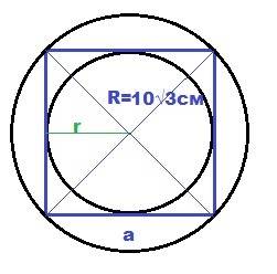 Радиус окружности описанной около квадрата 10 корень из 3 см. найдите сторону квадрата и радиус впис