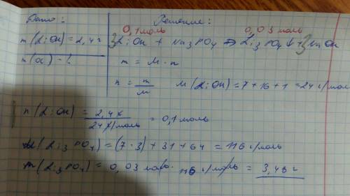 20 б вычислить массу осадка который образуется при взаимодействии с 2,4 гр гидроксида лития с фосфат