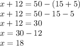 x + 12 = 50 - (15 + 5) \\ x + 12 = 50 - 15 - 5 \\ x + 12 = 30 \\ x = 30 - 12 \\ x = 18