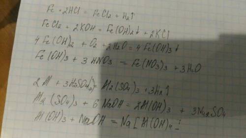 Fe- fecl2 - fe(oh)2- fe(oh)3-fe(no3)3 al-al2(so4)3-al(oh)3 - na[al(oh)4] осуществить схемы.