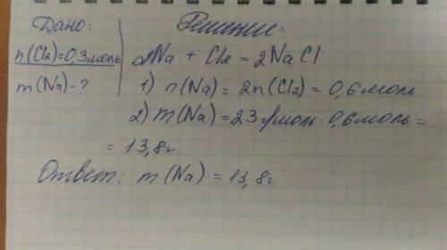 Решить . определите массу натрия который может вступить в реакцию с 0.3 моль хлора.