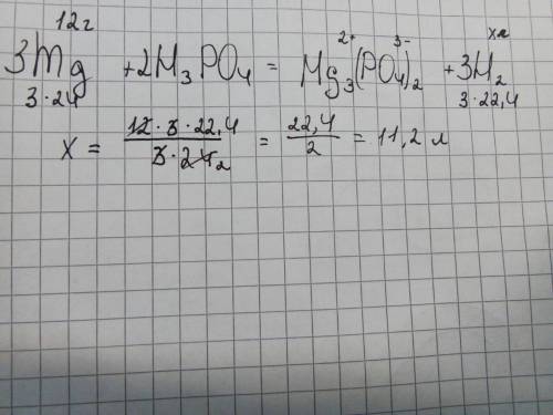 Який об'єм водню виділиться якщо про взаємодіяло 12г магнію із ортофосфатною кислотою