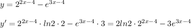 y=2^{2x-4}-e^{3x-4}\\\\y'=2^{2x-4}\cdot ln2\cdot 2-e^{3x-4}\cdot 3=2ln2\cdot 2^{2x-4}-3e^{3x-4}