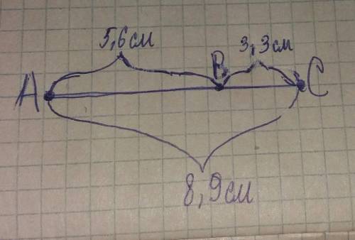 Для точек а,в,с прямой : а в=5,6см,ас=8,9см и вс =3,3см.какая из точек а,ви с лежит между двумя друг