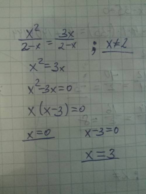 X^2черта дроби 2-x равно 3xчерта дроби 2-x,