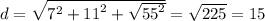 d = \sqrt{ {7}^{2} + {11}^{2} + \sqrt{ {55}^{2} } } = \sqrt{225 } = 15