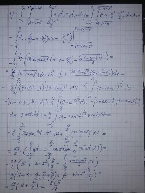 Вычислить объем тела v ограниченного поверхностями [tex]\begin{cases}2z = {x}^{2} + {y}^{2} \\ y + z