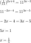 (\frac{1}{11}) ^{2x+4} = 11^{3x-5} \\ \\ 11^{-2x-4} = 11^{3x-5} \\ \\ -2x-4=3x-5 \\ \\ 5x=1 \\ \\ x= \frac{1}{5} \\ \\