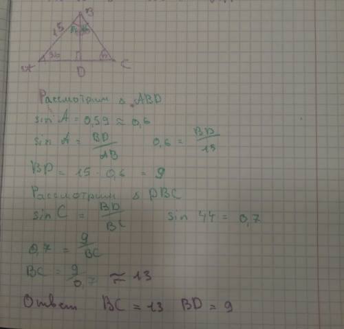 Втреугольнике abc проведена высота bd. найдите высоту bd и сторону bc, если ∠a=36°, ∠c=44°, ab=15 см