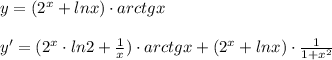 y=(2^{x}+lnx)\cdot arctgx\\\\y'=(2^{x}\cdot ln2+\frac{1}{x})\cdot arctgx+(2^{x}+lnx)\cdot \frac{1}{1+x^2}