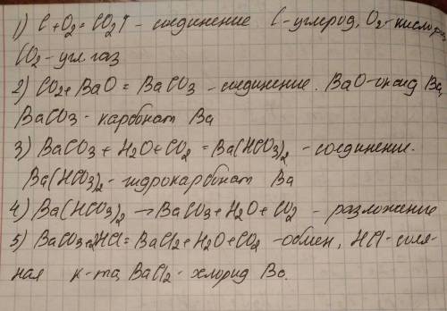 Осуществить превращения. указать тип реакций и названия всех веществ. c-co2-baco3-ba(hco3)2-baco3-ba