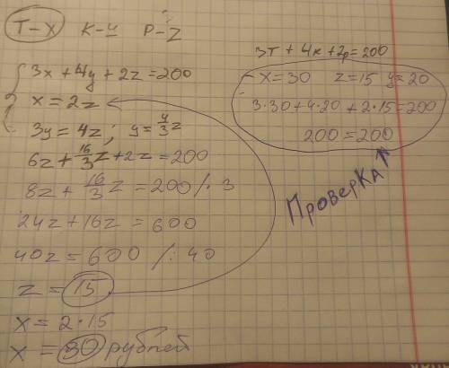 3тетради,4 карандаша и 2 резинки стоят 200 рублей,1 тетрадь стоит как 2 резинки,а 3 карандаша как 4