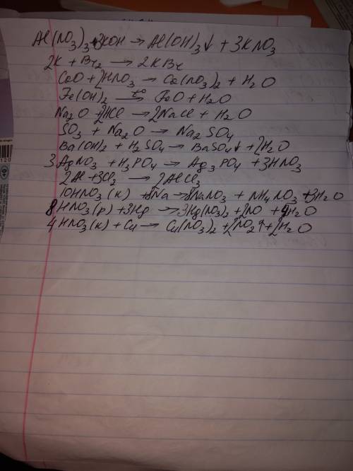 Решить уравнения, мне нужно 40 al(no3)3+koh= k+b2= cao+hno3= fe(oh)2= na2o+hcl= s03+na2o= ba(oh)2+h2