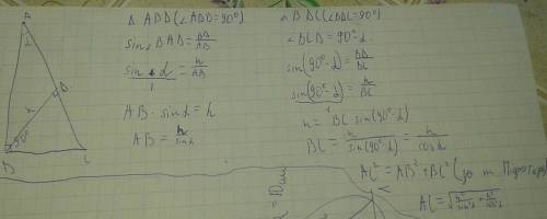 Дано: уголabc=90°; bdперпендикуляренаc; bd=h; угола=альфа. найти: стороны треугольника авс мне