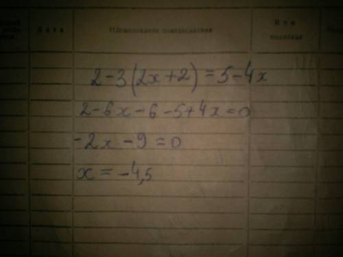 Найдите корни уравнения 2-3(2x+2)=5-4x если корней несколько, запишите их через точку с запятой в по