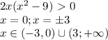 2x(x^2-9)\ \textgreater \ 0 \\ &#10; x=0 ; x=\pm 3 \\ &#10; x \in (-3,0) \cup (3; + \infty ) &#10;