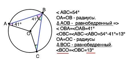 Точка o центр окружности, на которой лежат точки a, b и c известно что угол abc54 и уголoab41 найти