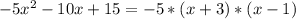 -5 x^{2} - 10x + 15 = -5* (x + 3)* (x - 1)