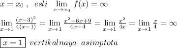 x=x_0\; ,\; \; esli\; \; \lim\limits _{x \to x_0}\, f(x)=\infty \\\\\lim\limits _{x \to 1}\frac{(x-3)^2}{4(x-1)} = \lim\limits _{x \to 1}\frac{x^2-6x+9}{4x-4}= \lim\limits _{x \to 1}\frac{x^2}{4x}= \lim\limits _{x \to 1}\frac{x}{4}=\infty \\\\\boxed {x=1}\; \; vertikalnaya\; \; asimptota