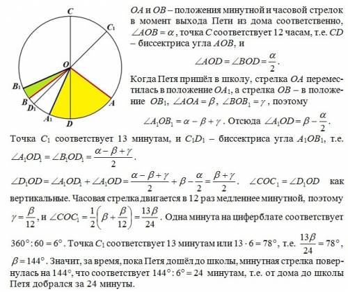 20 петя, выходя из дома, посмотрел на часы и увидел, что прямая, делящая пополам угол между часовой