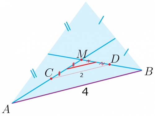 Мистер фокс нарисовал на доске треугольник со стороной, равной 4. затем он провёл медианы к двум дру