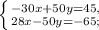 \left \{ {{- 30x + 50y = 45,} \atop {28x - 50y = - 65 ;}} \right.