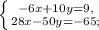 \left \{ {{- 6x + 10y = 9,} \atop {28x - 50y = - 65 ;}} \right.