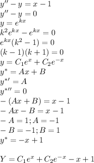 y''-y=x-1 \\ y''-y=0 \\ y=e^{kx} \\ k^2e^{kx}-e^{kx}=0 \\ e^{kx}(k^2-1)=0 \\(k-1)(k+1)=0 \\ y=C_1e^x+C_2e^{-x} \\ y^*=Ax+B \\y^*'=A \\ y^*''=0 \\-(Ax+B)=x-1 \\ -Ax-B=x-1 \\ -A=1; A=-1 \\ -B=-1; B=1 \\ y^*=-x+1 \\\\ Y=C_1e^x+C_2e^{-x}-x+1