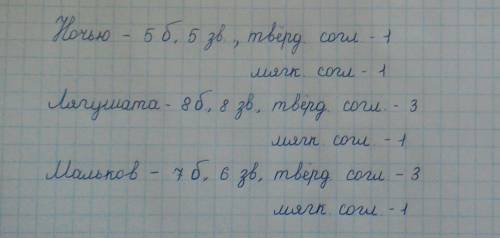 Запиши количество букв и звуков в словах. укажи количество твёрдых и мягких согласных в каждом слове