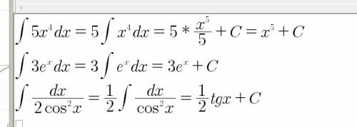 решить интегралы! ∫ 5x^4dx ∫ 3e^xdx ∫ dx/2cos^2x