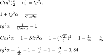 Ctg ^{2} ( \frac{ \pi }{2}+ \alpha )=tg ^{2} \alpha \\\\1+tg ^{2} \alpha = \frac{1}{Cos ^{2} \alpha }\\\\tg ^{2} \alpha = \frac{1}{Cos ^{2} \alpha } -1\\\\Cos ^{2} \alpha =1-Sin ^{2} \alpha =1-( \frac{ \sqrt{21} }{5} ) ^{2}=1- \frac{21}{25} = \frac{4}{25} \\\\tg ^{2} \alpha = \frac{1}{ \frac{4}{25} } -1= \frac{25}{4} -1= \frac{21}{25}=0,84