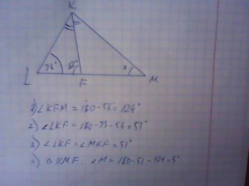 В∆klm, угол l = 73 градуса, проведена биссектриса kf, угол kfl = 56 градусов. найдите угол m.