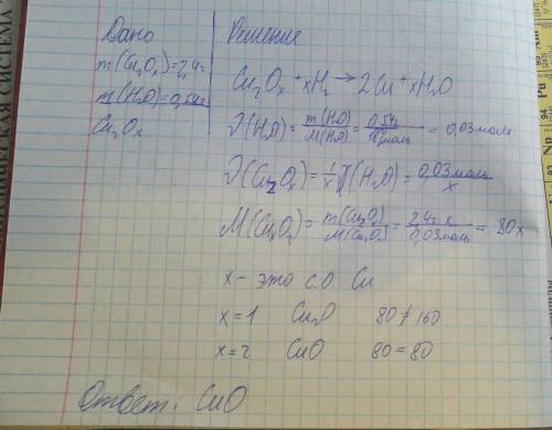 Путем восстановления 2.4 г оксида водородом получили 0.54 г воды .установите формулу оксиду.