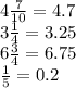 4 \frac{7}{10}= 4.7\\ 3 \frac{1}{4}= 3.25 \\ 6 \frac{3}{4}= 6.75\\ \frac{1}{5}= 0.2