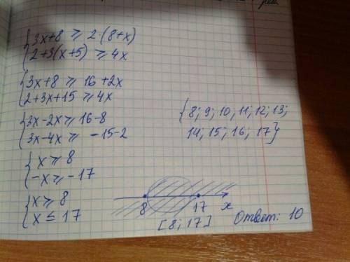 Количество всех целых решений системы неравенств {3x+8> или =2(8+x) {2+3(x+5)> или =4x