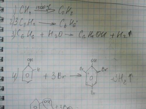 Цепочка: сн4 > с2н2> с6н6> с6н5он,> 2,4,6 трибром фенол