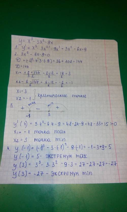 Y=x^3-3x^2-9x найти экстримум функций кто может это решить! : )