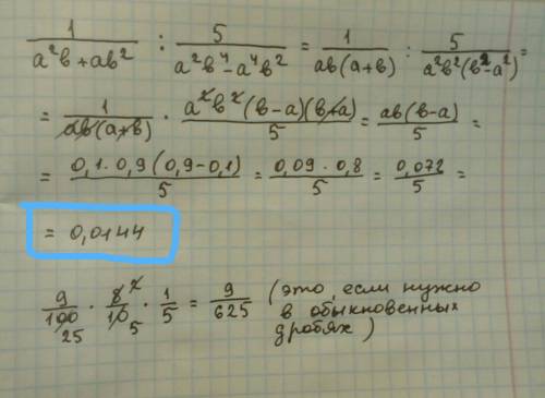 1/(a^2b+ab^2) / 5/(a^2b^4-a^4b^2) при a = 0,1 b=0,9